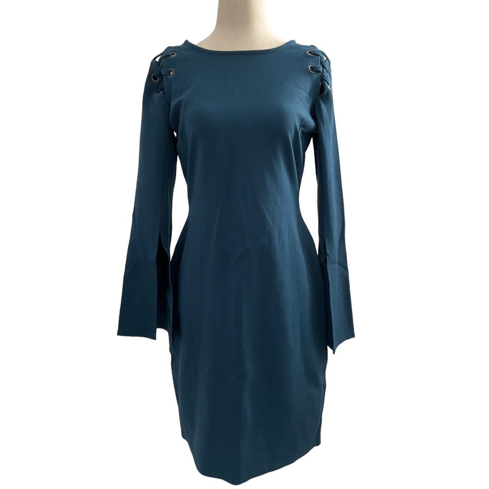 Bar III Womens Laced Shoulder Bodycon Dress Size Medium, Teal, Stretch #J1